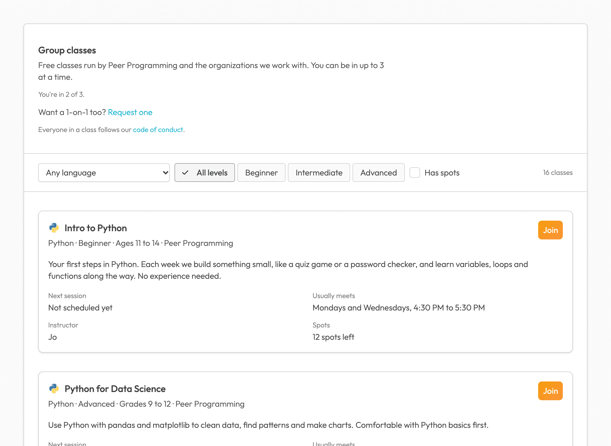 The class list in the Peer Programming app, where each class shows its language, level, who runs it, its next session, its instructor, spots left and a Join button