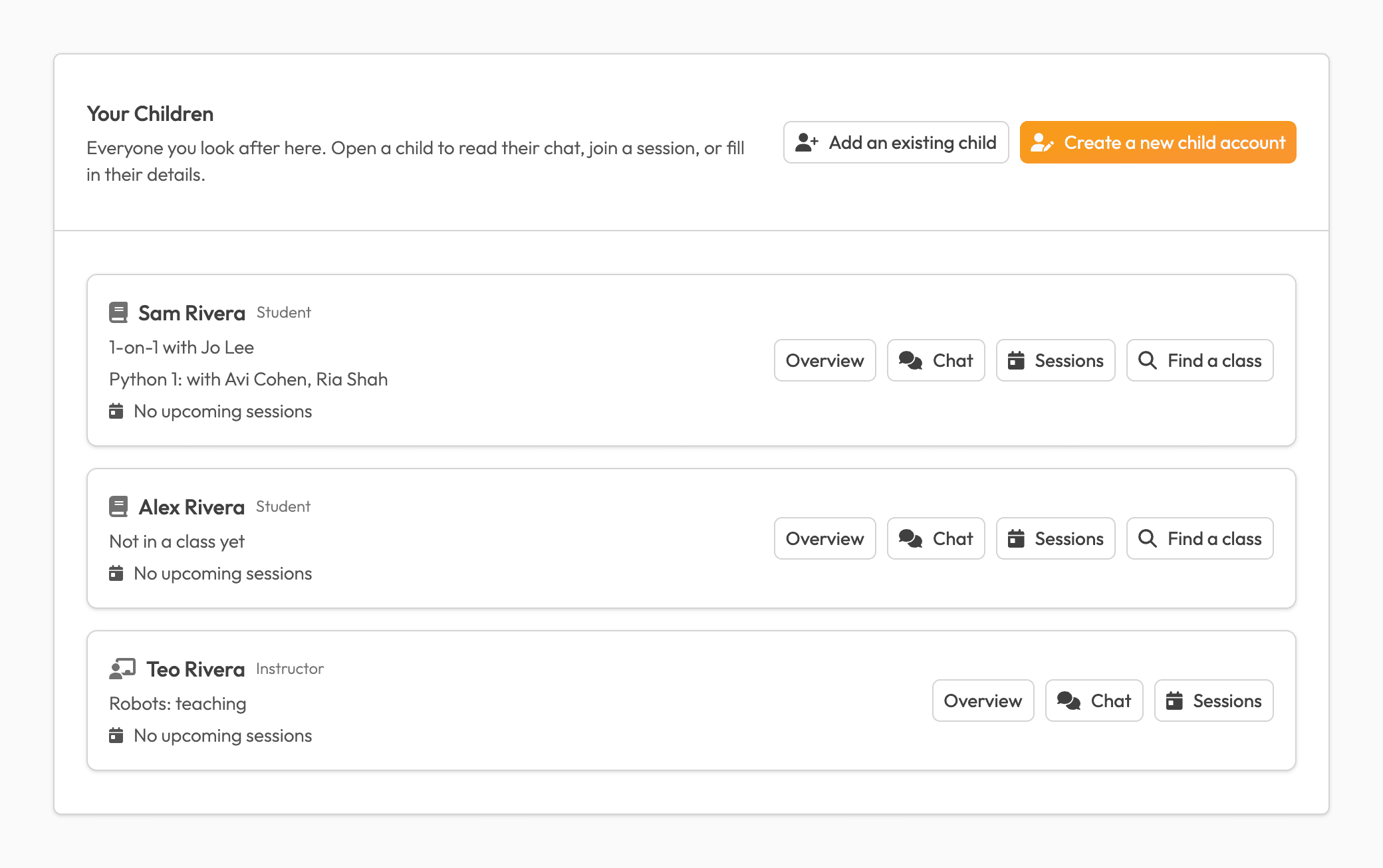 A parent's Your Children page in the Peer Programming app, with Overview, Chat and Sessions for each linked child, and Find a class for students