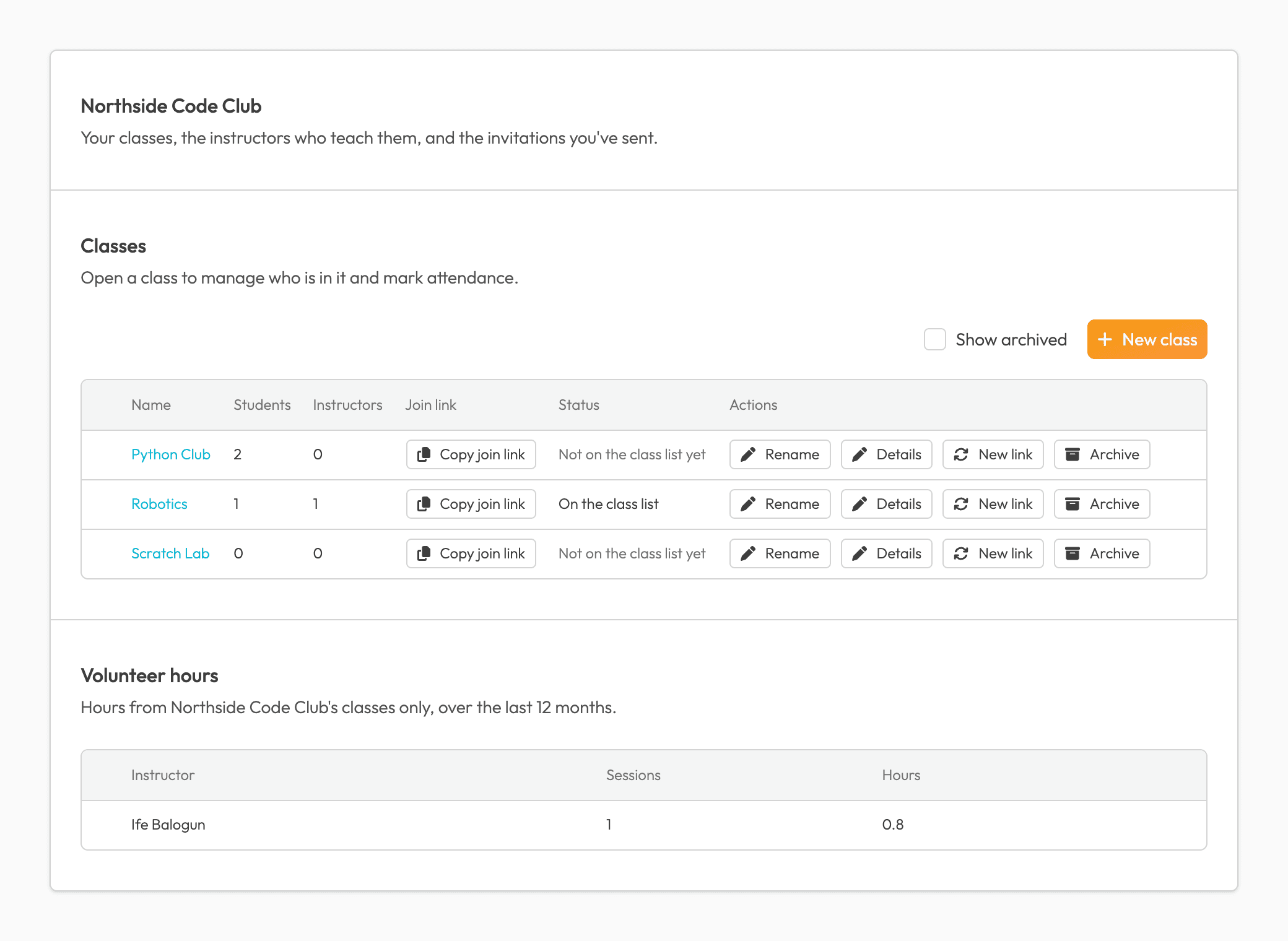A partner organization's console in the Peer Programming app, with its classes, instructors and volunteer hours